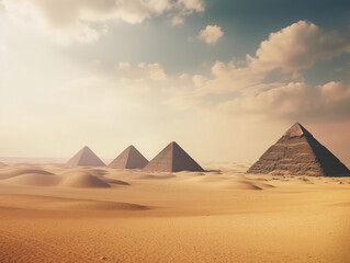 Fototapeta na wymiar Egyptian landscape with pyramids in the desert. Archeology and travel concept. Ancient egypt civilization. 