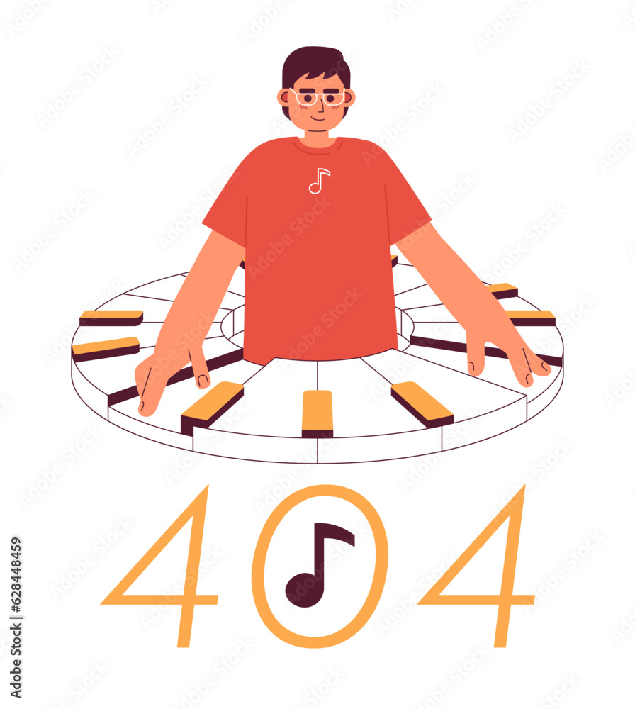 Poster man playing on piano error 404 flash message. young man hobby. empty state ui design. page not found