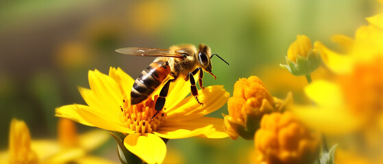 Honey bee on yellow flower collect pollen