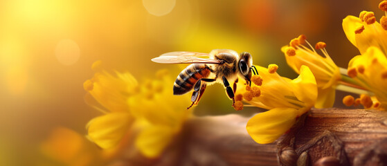 Honey bee on yellow flower collect pollen