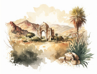 Watercolor illustration of a typical landscape from Sicily in Italy, with ancient ruins surrounded by the mediterranean vegetation and hills in the background. 