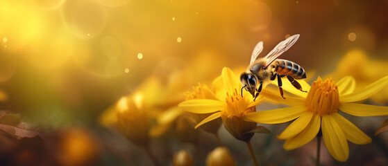 Honey bee on yellow flower collect pollen