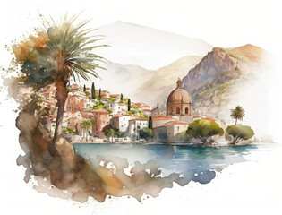 Panoramic view of a small old coastal town in Sicily, Italy, on the mediterranean sea. Watercolor illustration
