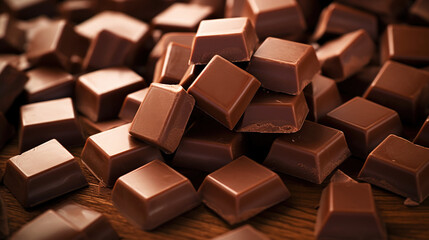 Milk chocolate chunks background. Top view of many chocolate blocks. Generative AI