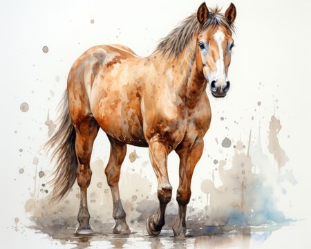 The watercolor painting features a brown horse with blue nose, brown mane and spots, in front of a white background. (Generative AI)