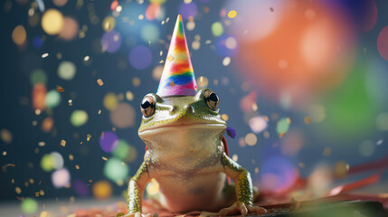 happy frog smiling wearing hat birthday concept with flying colorful confetti - obrazy, fototapety, plakaty