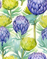 Artichoke tileable watercolor hand drawn seamless pattern created with Generative AI technology