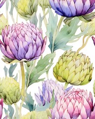 Fototapeta premium Artichoke tileable watercolor hand drawn seamless pattern created with Generative AI technology