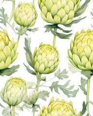 Fototapeta premium Artichoke tileable watercolor hand drawn seamless pattern created with Generative AI technology