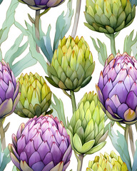 Fototapeta premium Artichoke tileable watercolor hand drawn seamless pattern created with Generative AI technology