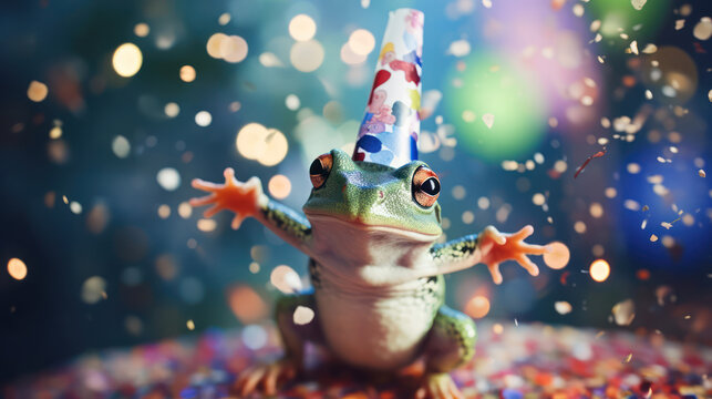 happy frog smiling wearing hat birthday concept with flying colorful confetti