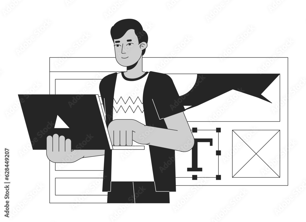 Poster indian man working on laptop bw concept vector spot illustration. ui designer remote work 2d cartoon
