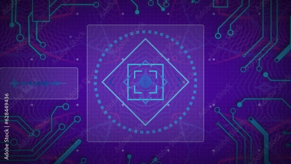 Poster animation of geometric shapes and electronic circuit board patterns over symmetry drawing