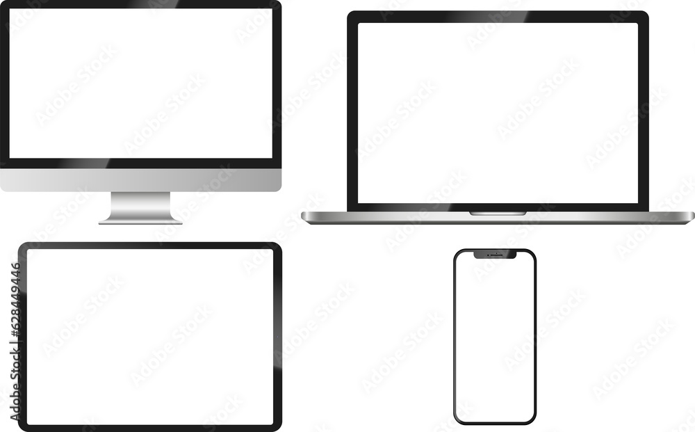 Poster realistic mockups of devices on a transparent background. vector set of phone, tablet, laptop and co