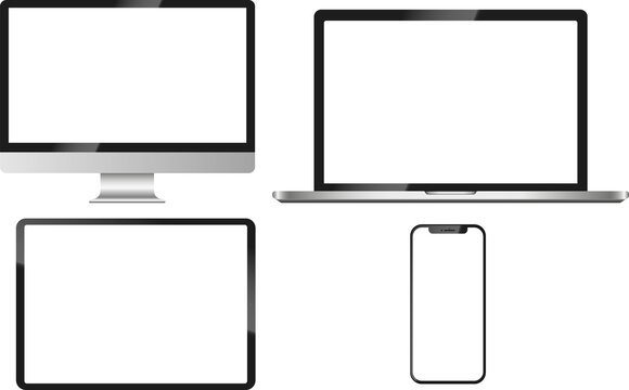 Realistic mockups of devices on a transparent background. Vector set of phone, tablet, laptop and computer. Empty screen mock-up, silver design. PNG image