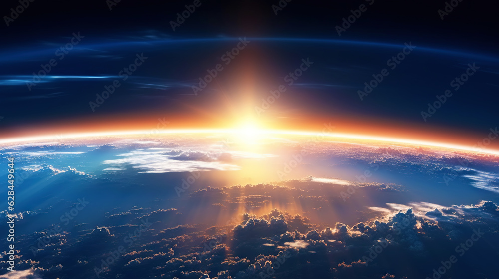 Wall mural panoramic view on planet earth globe from space. glowing city lights, light clouds. generative ai