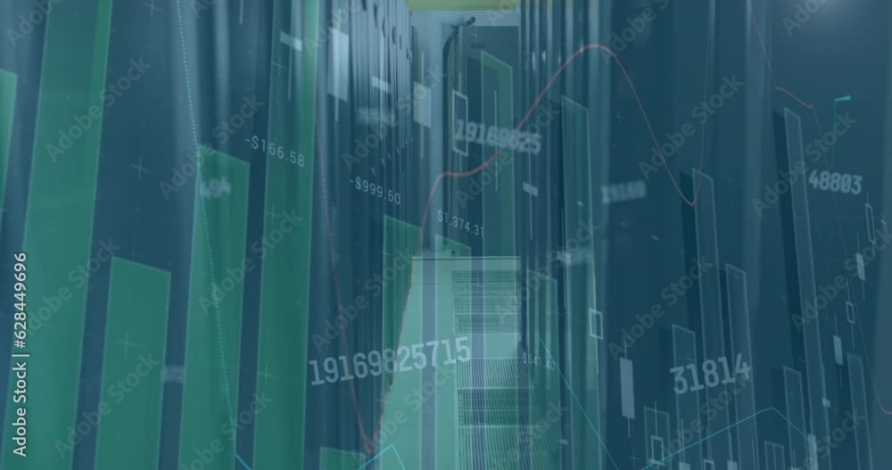 Poster animation of multiple graphs and numbers moving over data server room