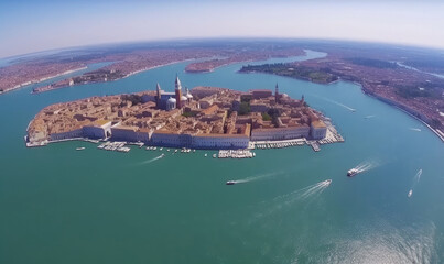 Panoramic drone view of Venice Lagoon in Italy on a sunny day. Travel photography. 