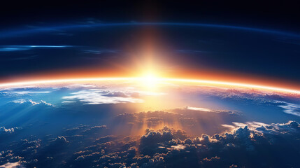 Obraz premium Panoramic view on planet Earth globe from space. Glowing city lights, light clouds. Generative AI