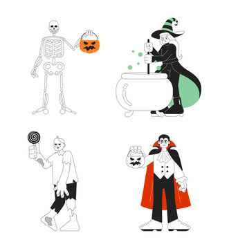 Halloween costume ideas monochrome concept vector spot illustration set. Monsters on party 2D flat bw cartoon characters for web UI design. Trick treat isolated editable hand drawn hero image pack
