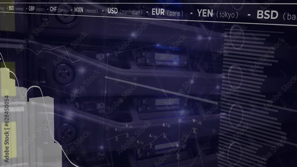 Poster animation of multiple graphs and currency signs over audio equipment
