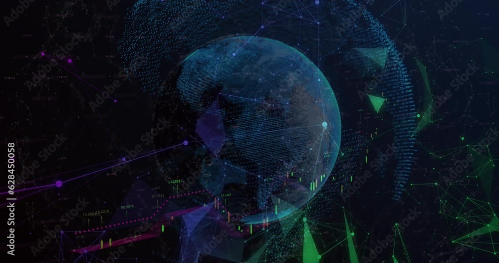Poster animation of financial data processing and plexus networks over spinning globe on black background