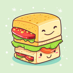 Kawaii illustration of sandwich. Cute funny character for fast food.