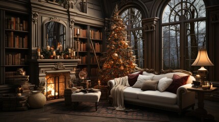 Fototapeta na wymiar Merry Christmas happy holidays beautiful living room decorated Christmas living room, inside Magic glowing tree, gifts in the darknight, fireplaces and gifts, Modern interior living room Christmas