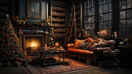 Merry Christmas happy holidays beautiful living room decorated Christmas living room, inside Magic glowing tree, gifts in the darknight, fireplaces and gifts, Modern interior living room Christmas