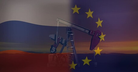Animation of russian flag and european union flags over crane moving against cloudy sky at sunset - Powered by Adobe