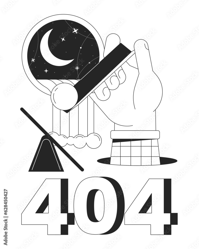 Poster surreal esoteric black white error 404 flash message. dropping sphere. waterfall window. monochrome 