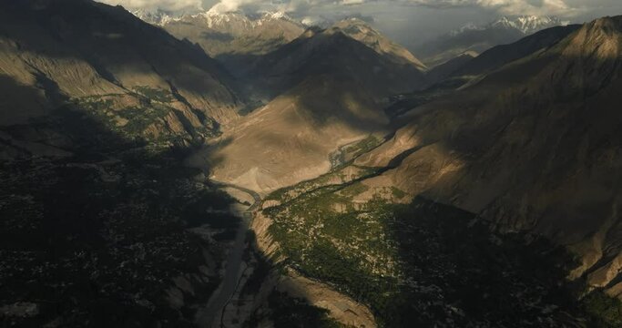 Aerial view of Hunza Valley during sunset,  Karakoram range of the Himalayas, Gilgit Baltistan, Pakistan