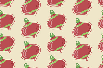 Glass red cartoon Christmas tree toy. Vector seamless pattern, flat holiday decoration.