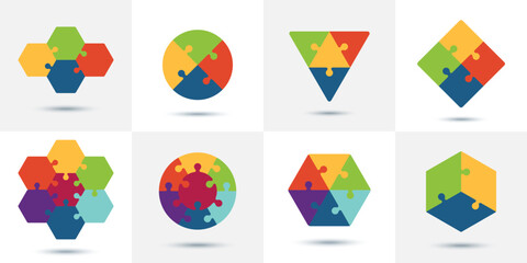Puzzle templates set - square, round, triangular and hexagonal. Сolored connected puzzle pieces for infographics and business solutions. Free field for context. Concept of teamwork and partnership.