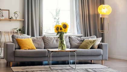 modern living room with sofa, Cozy grey ey sofas and vase with beautiful sunflowers in interior of light living room, Ai Generate 
