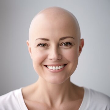 Young woman with shaved head. Image created by AI.