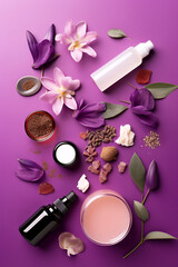 Fototapeta na wymiar Beautiful spa composition on purple background. Natural skincare cosmetic products