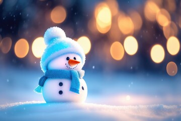 Fototapeta premium Christmas decoration with a cute cheerful snowman in the snow in a winter park with beautiful bokeh. AI generated.