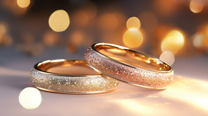 Two golden rings with shining effect on it wedding  - obrazy, fototapety, plakaty