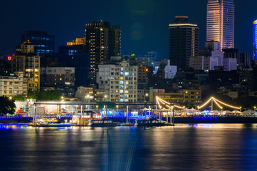 Fototapeta premium While enjoying the food, you can enjoy the sunset view of the river. Dadaocheng Wharf Container Market. Taipei, Taiwan