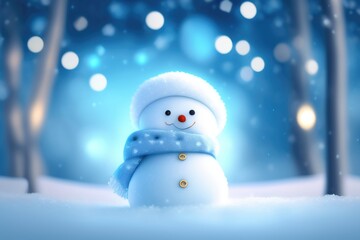 Fototapeta premium Christmas decoration with a cute cheerful snowman in the snow in a winter park with beautiful bokeh. AI generated.