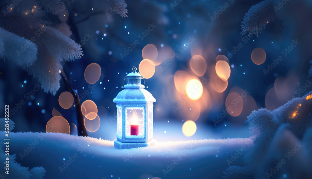 Poster christmas decoration with a lantern in the snow in a winter park with beautiful bokeh. ai generated.
