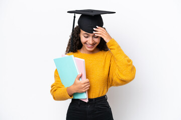 Arab university graduate woman holding books isolated on white background laughing