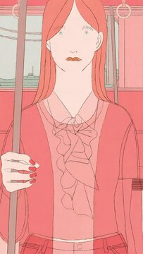 電車通勤をするスーツを着た女性。
