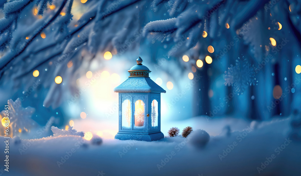 Poster christmas decoration with a lantern in the snow in a winter park with beautiful bokeh. ai generated.