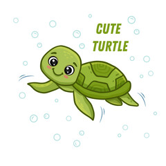 cute cartoon turtle swimming. Funny sea turtle isolated on white. Vector