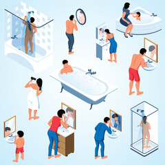 Fototapeta na wymiar isometric hygiene routine set with isolated icons bathroom fixtures with characters adults children vector illustration