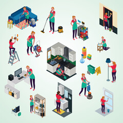 professional cleaning services office apartment set isometric icons isolated