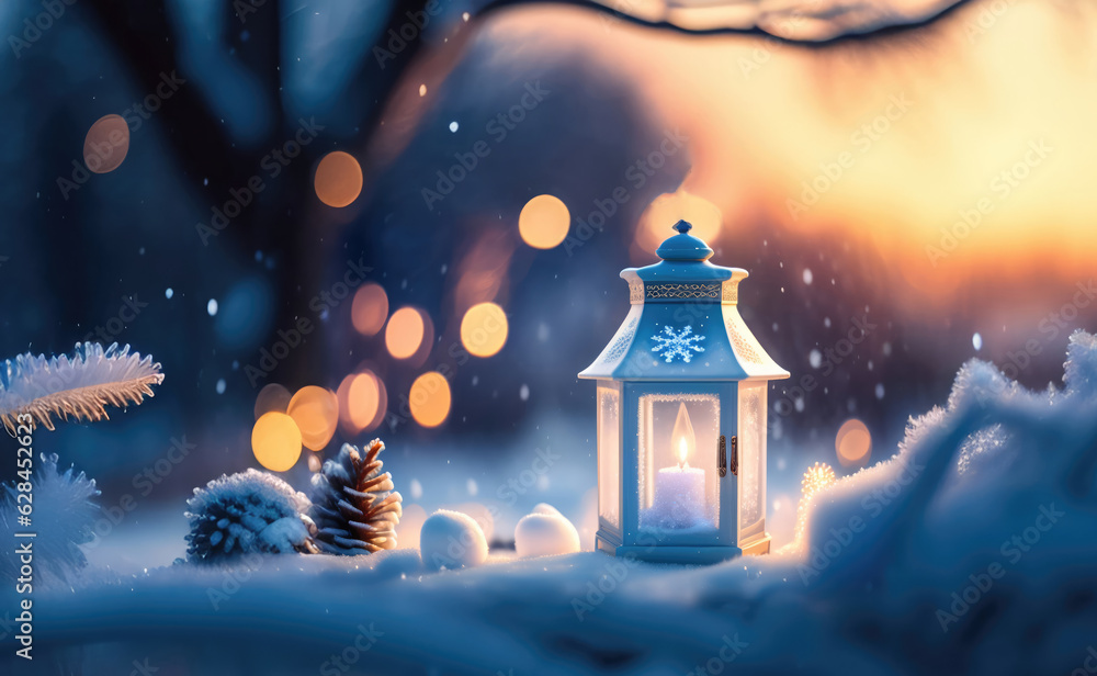 Poster christmas decoration with a lantern in the snow in a winter park with beautiful bokeh. ai generated.