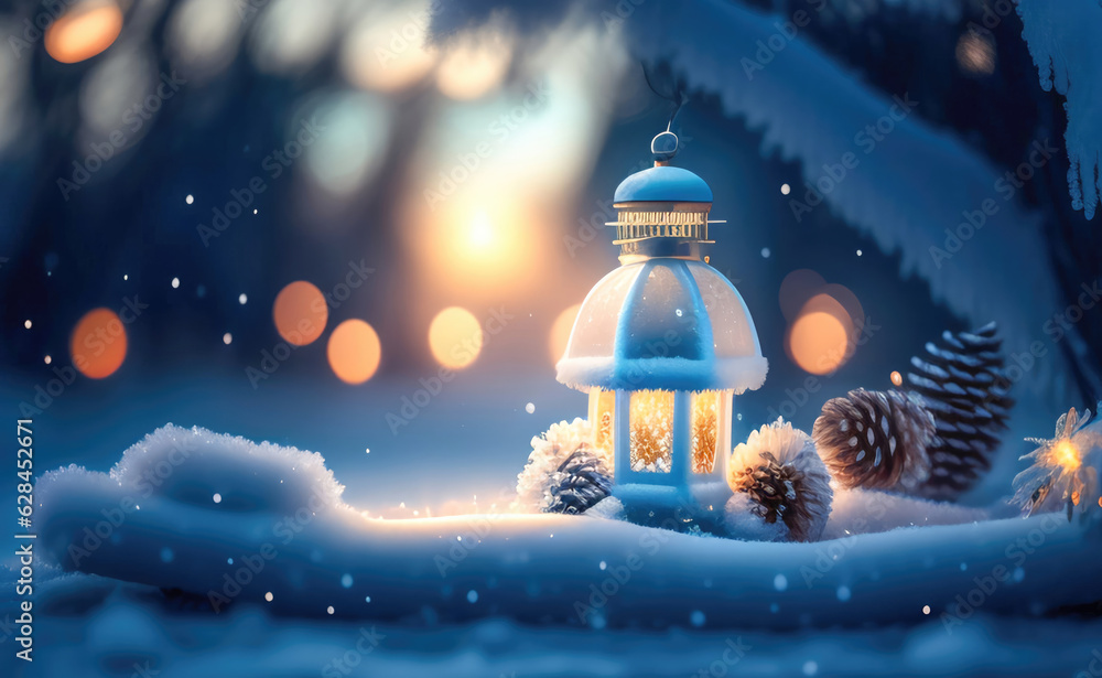 Poster christmas decoration with a lantern in the snow in a winter park with beautiful bokeh. ai generated.